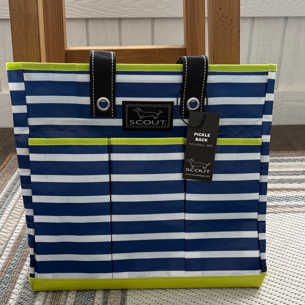 New NWT Scout Pickle Back Pickleball Bag Nantucket Navy with White Stripes lime